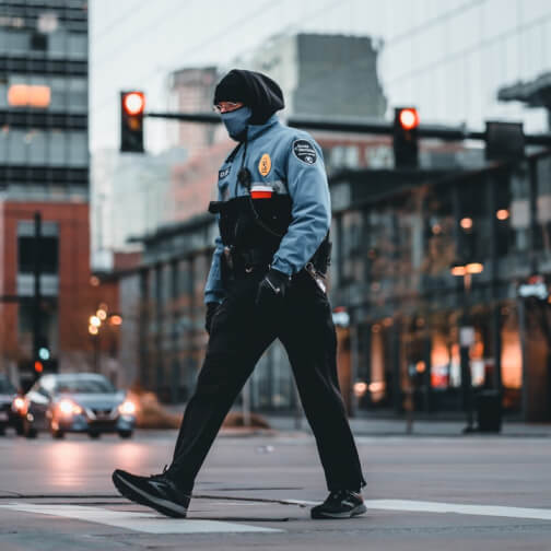 a security wearing a mask and walking across a street